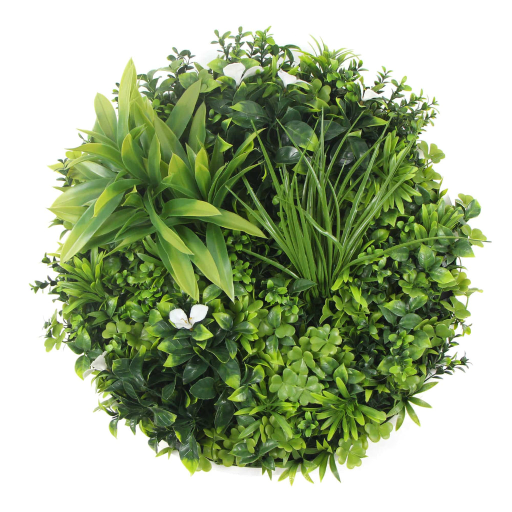Slimline White Flowering Artificial Green Wall Disc 40in – White Frame – UV Resistant