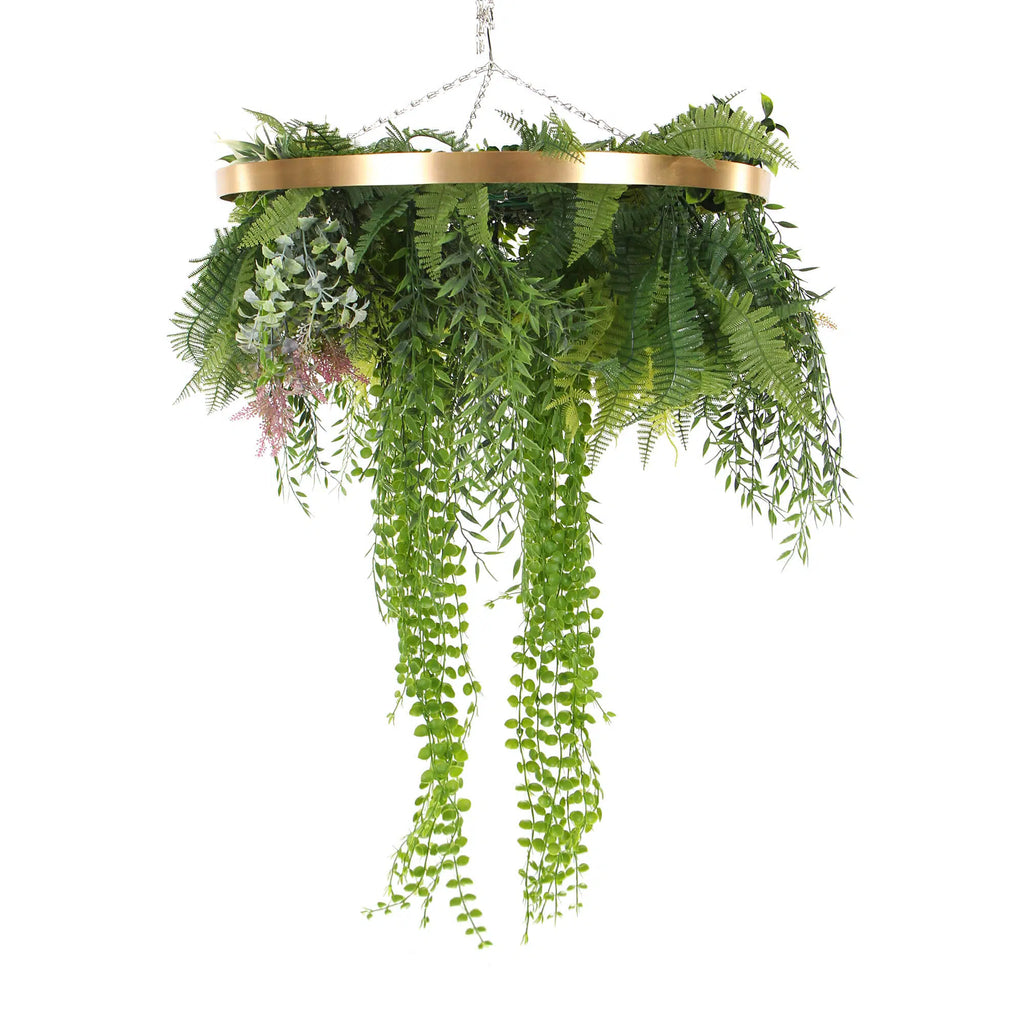 Imitation Gold Artificial Hanging Green Wall Disc Draping Plant Arrangement 24in – Limited Edition – UV Resistant