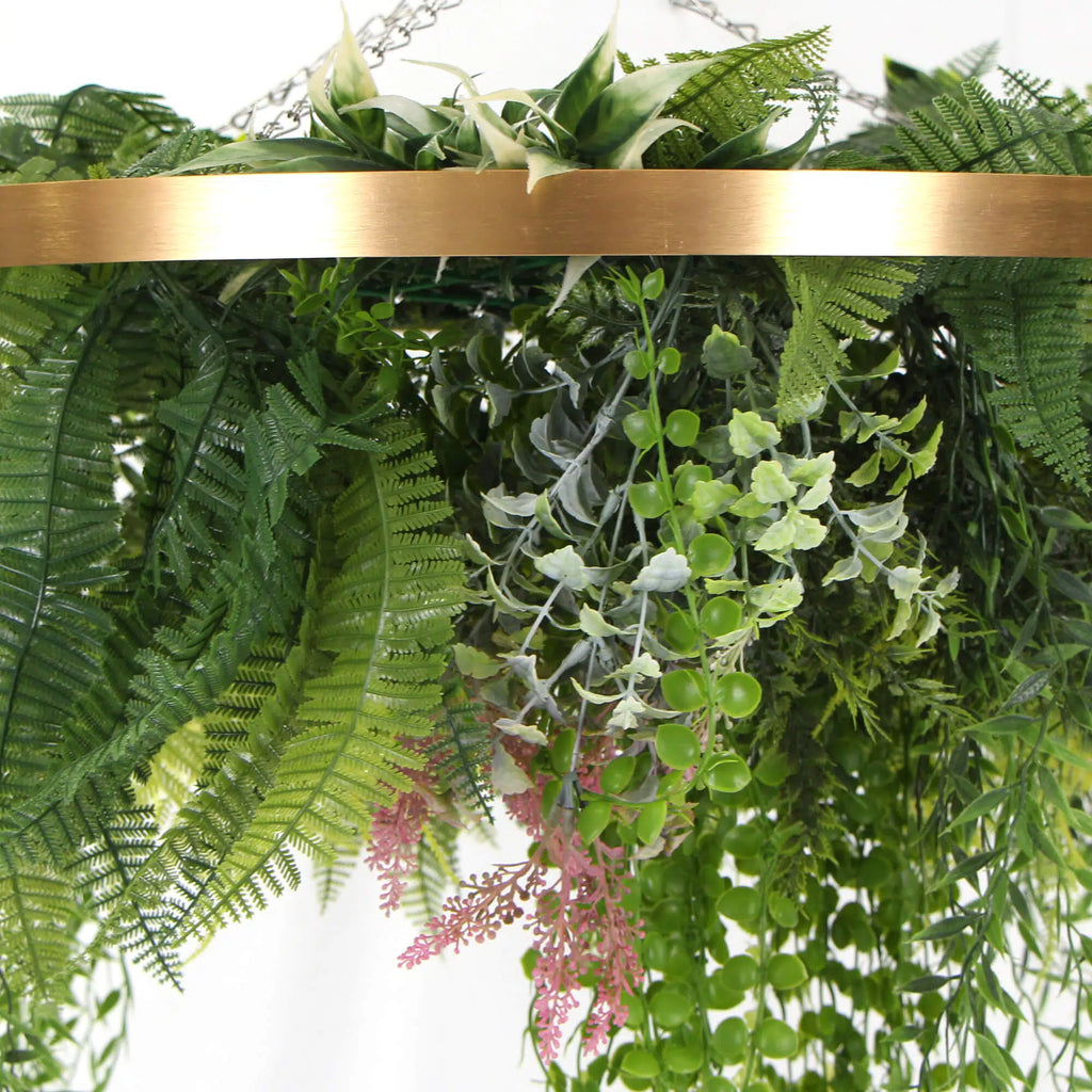 Imitation Gold Artificial Hanging Green Wall Disc Draping Plant Arrangement 24in – Limited Edition – UV Resistant