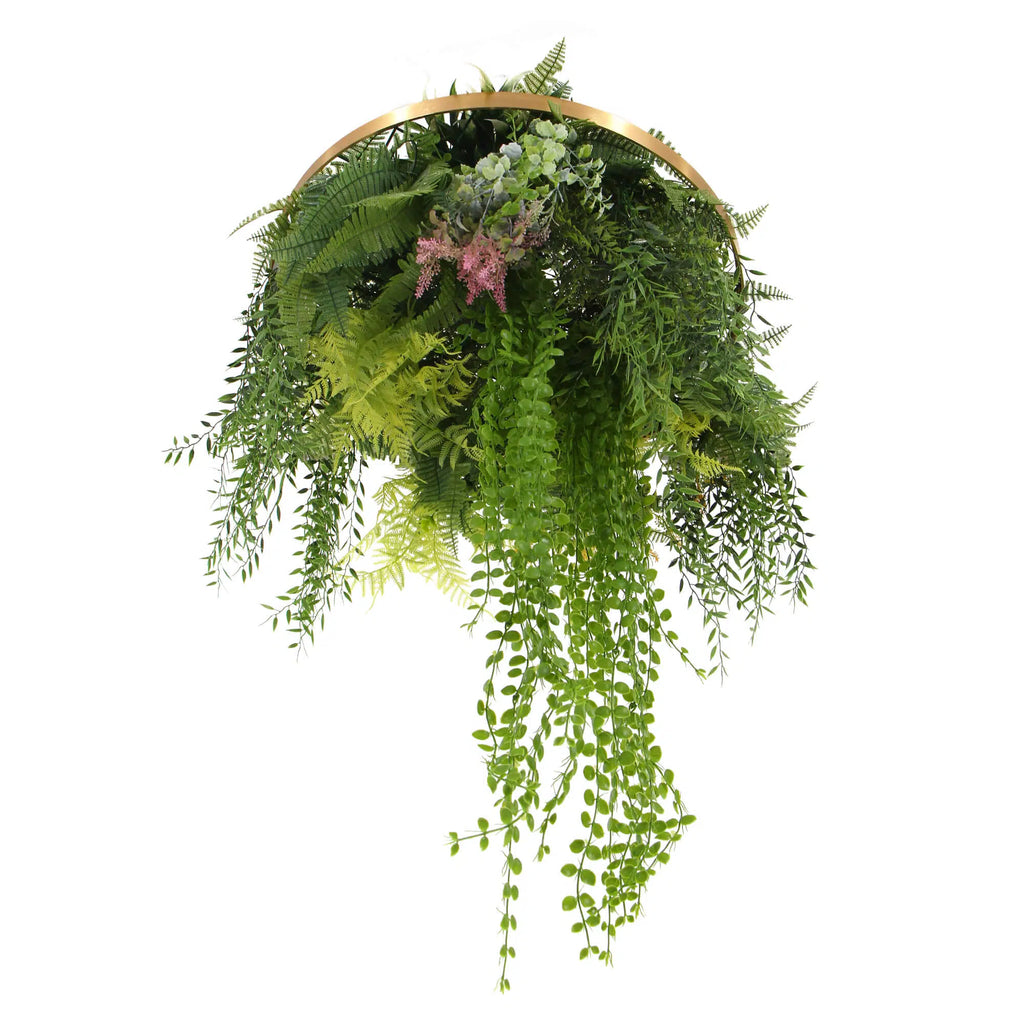 Imitation Gold Artificial Hanging Green Wall Disc Draping Plant Arrangement 24in – Limited Edition – UV Resistant