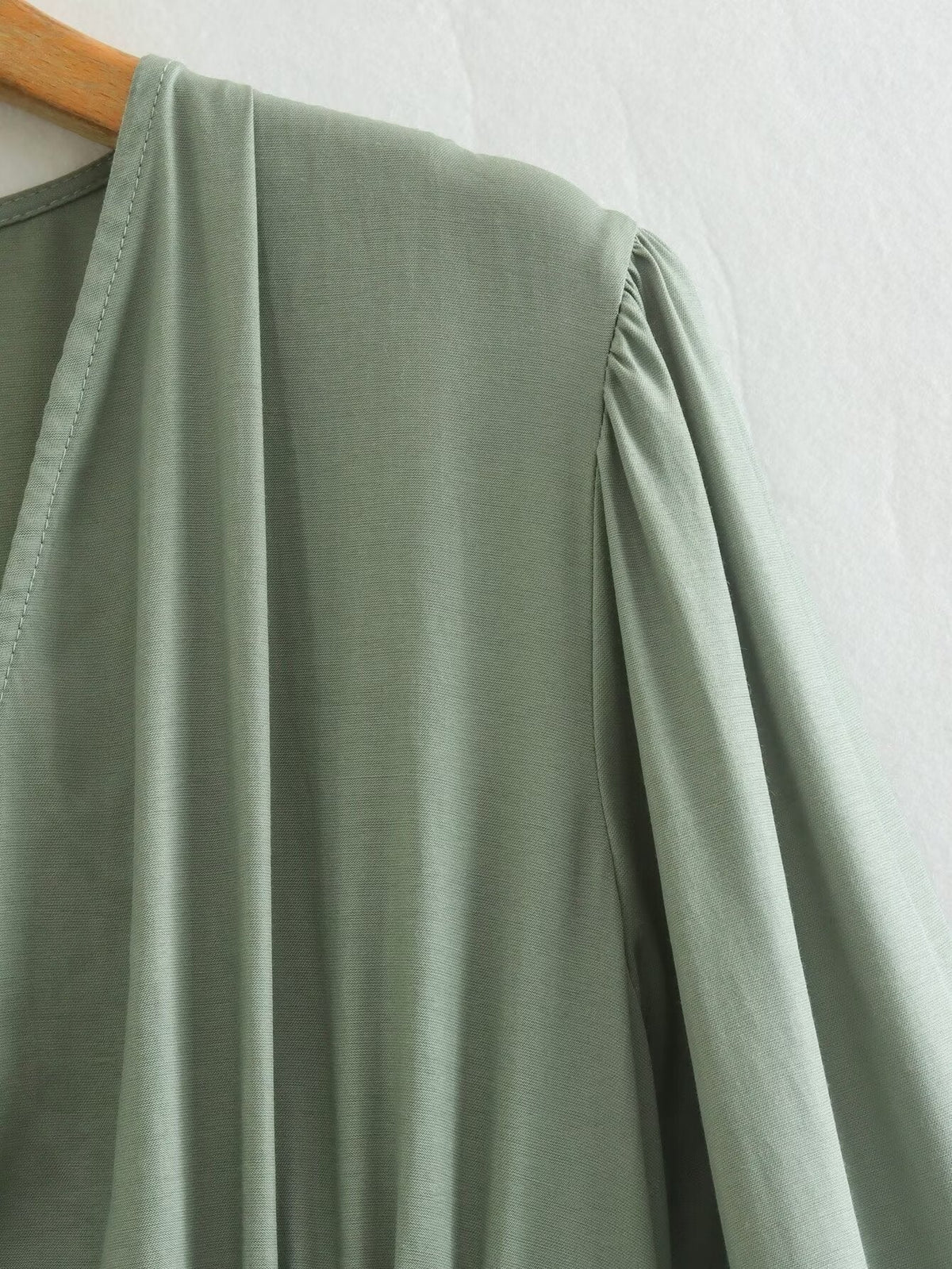 Spring Women Clothing Army Green Long Sleeve Pleated Dress