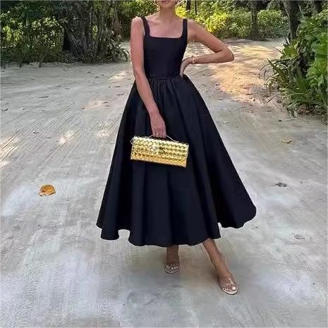 Women Solid Color Frill Strap Slim Fit Patchwork Casual Sling Dress