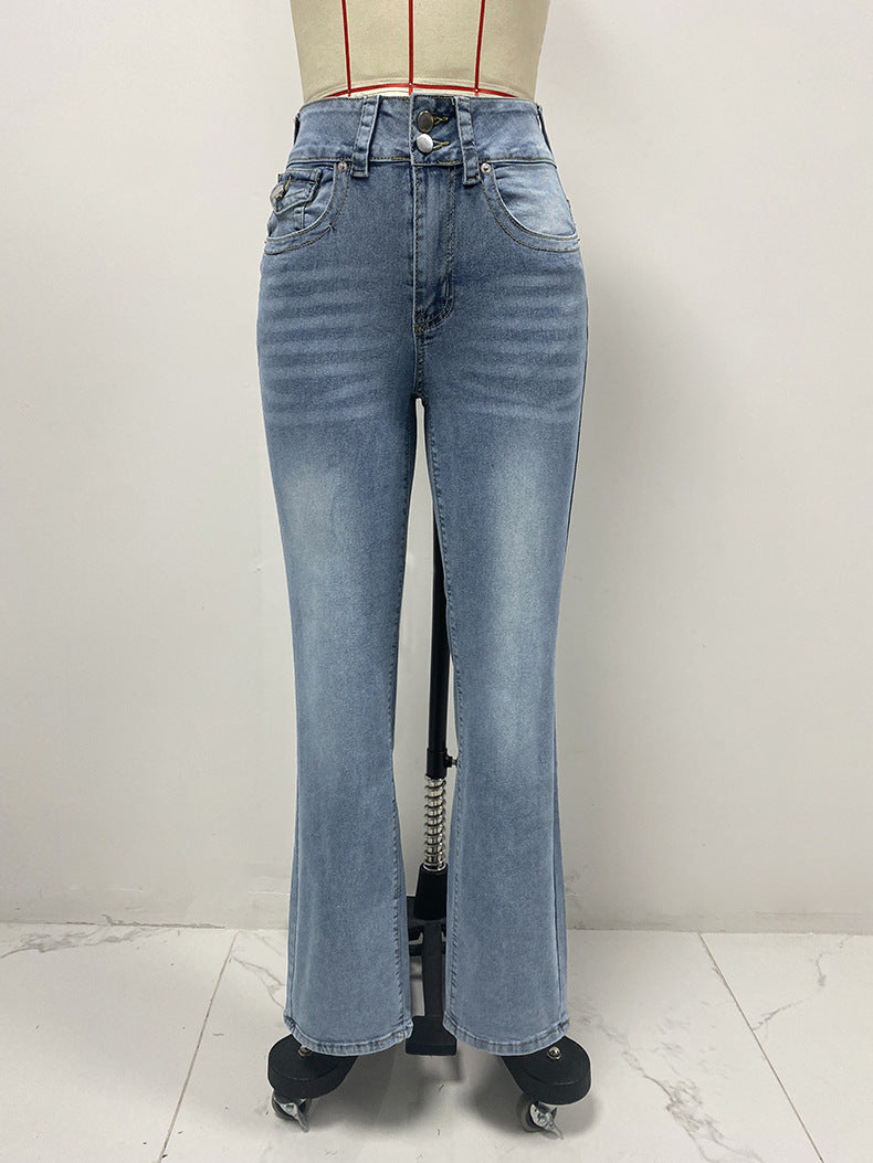 Spring Double Button Mid Waist Straight Jeans Women Slim Trousers