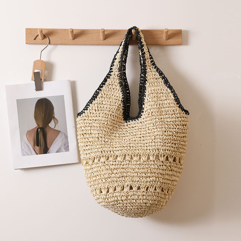 Large Capacity One Shoulder Straw Bag Casual Hollow Out Cutout Portable Straw Bag Woven Bag Women Seaside Vacation Beach Bag