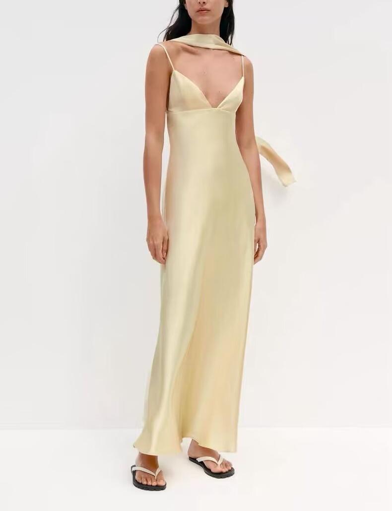 Women Elegant Thin Scarf Silk Satin Texture Dress