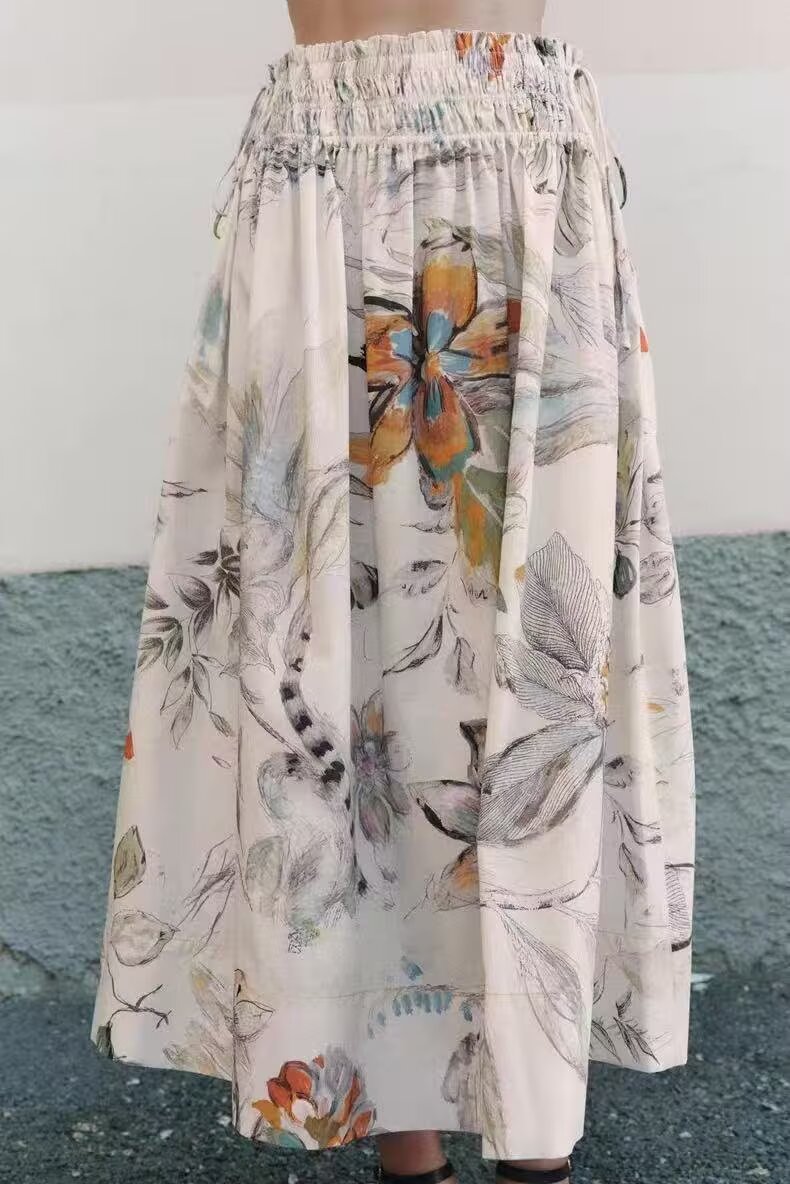 Rayon Printed Elastic Waist Vacation Casual Skirt Summer Midi Dress Women