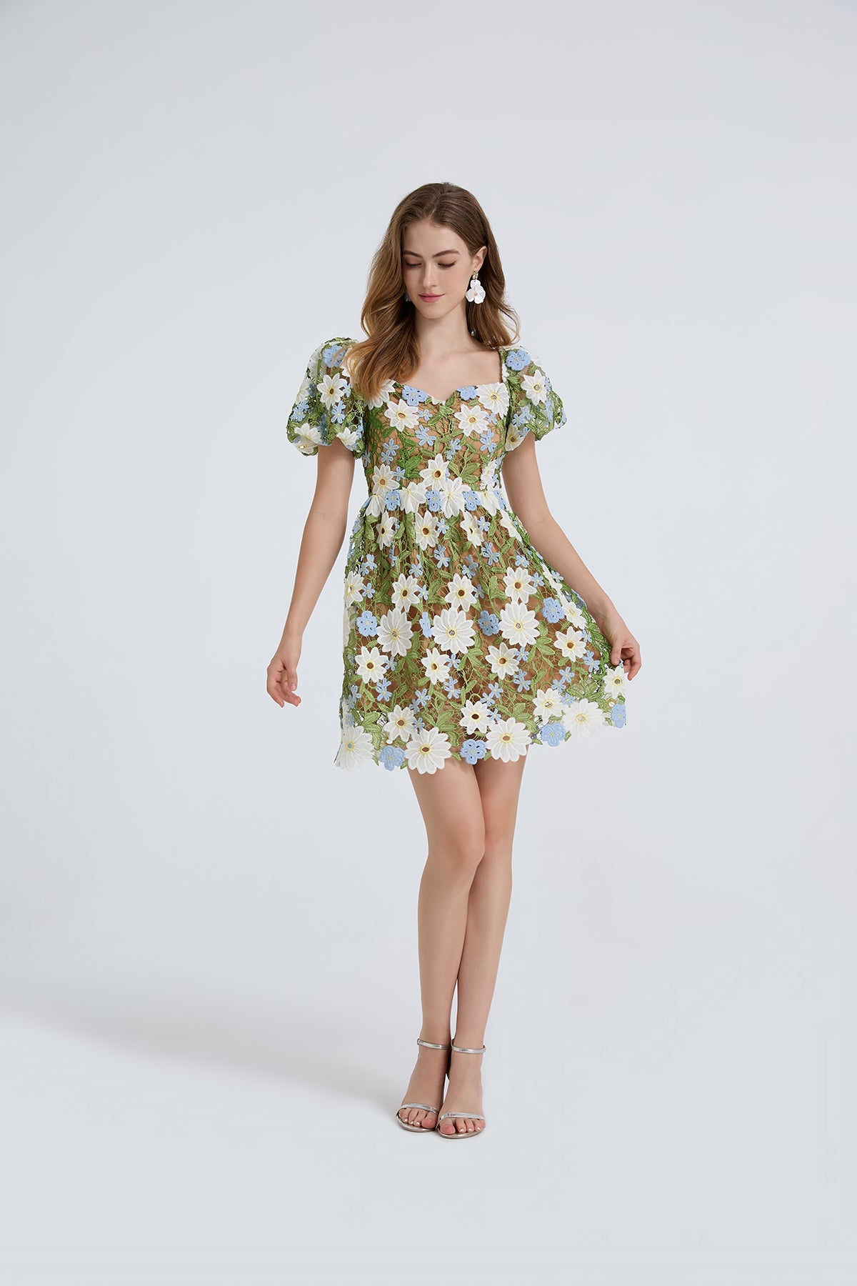 Women Summer Lace Embroidered Puff Sleeve Dress