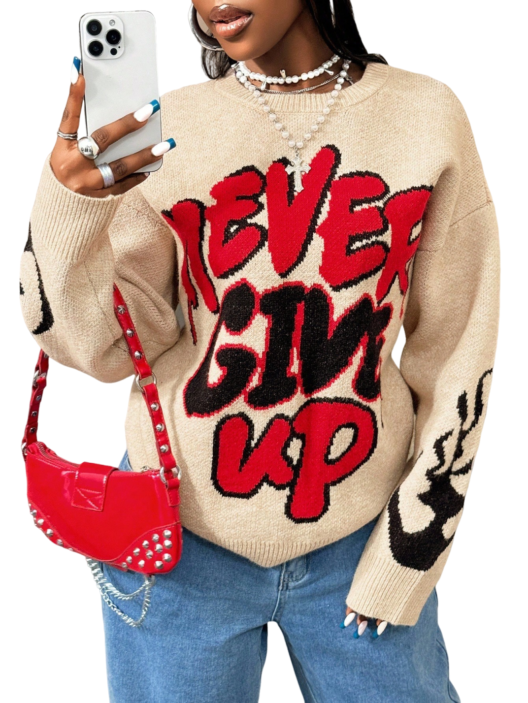 Women High Elastic Loose Long Sleeve Letters Pullover Knitted Sweater