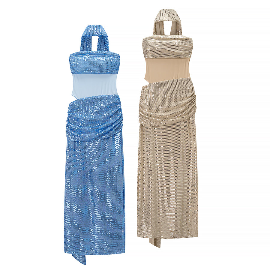Autumn Entry Lux Sequined Ribbon Sleeveless Tube Top Cocktail Dress