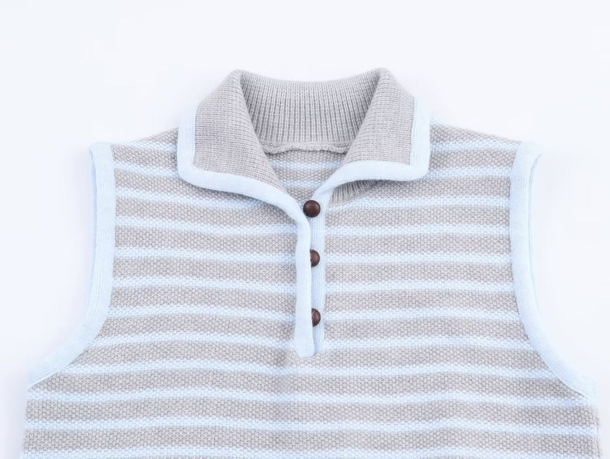 Women Clothing Fall Fresh Age Reducing Stripe Decoration Collared Short Vest
