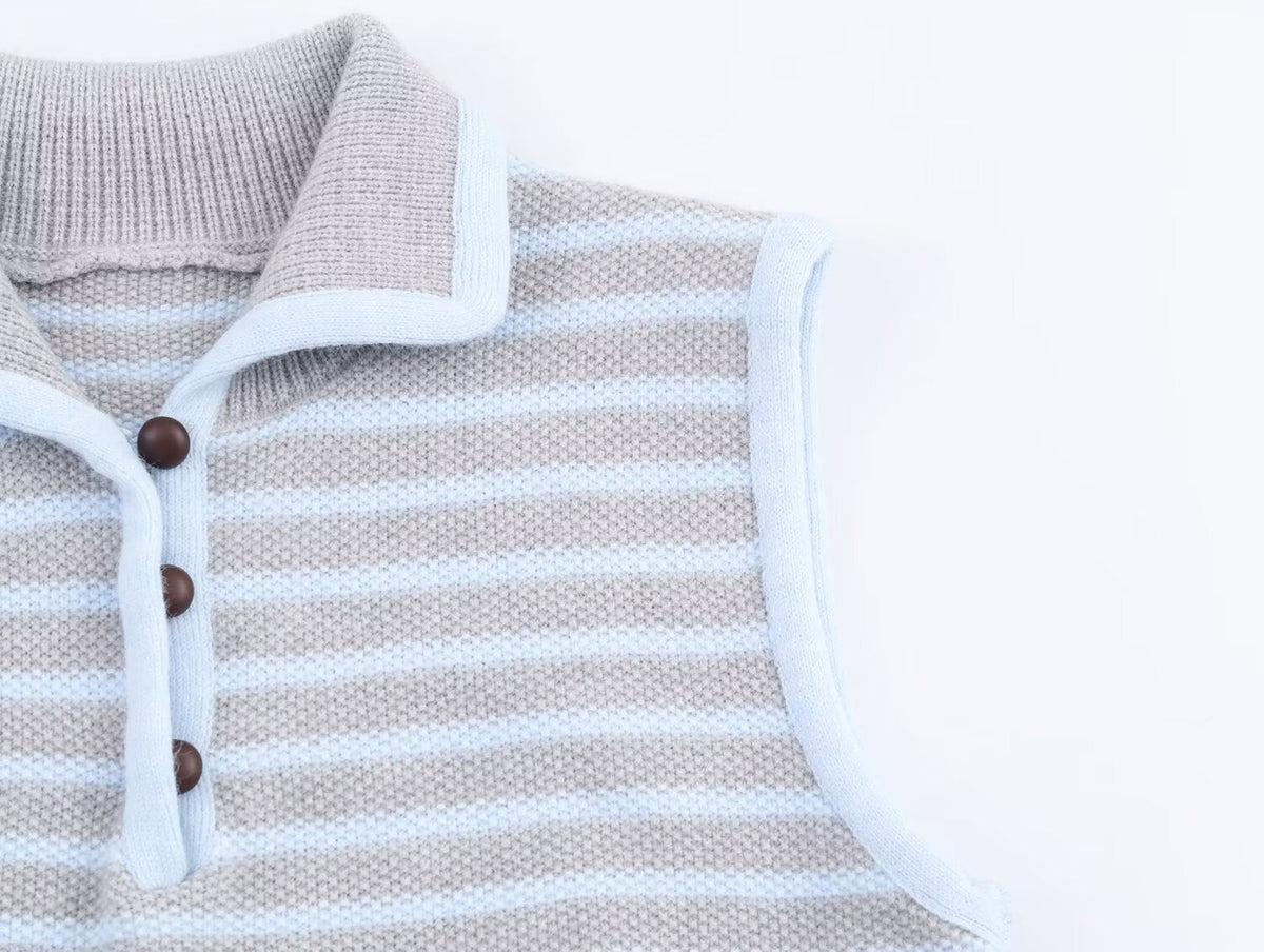Women Clothing Fall Fresh Age Reducing Stripe Decoration Collared Short Vest