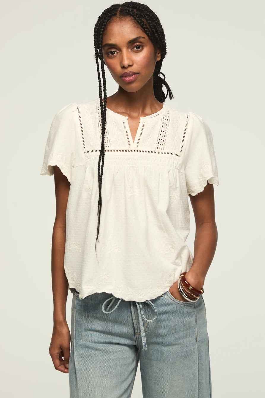 [167312-110] WOMENS LUCKY BRAND VERTICAL TRIMMED SHELL TEE - WHISPER WHITE