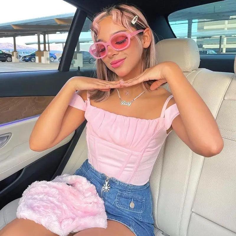 Summer best fashion Elegant Pink Strap Crop Top T Shirt women's fashion flattering tops