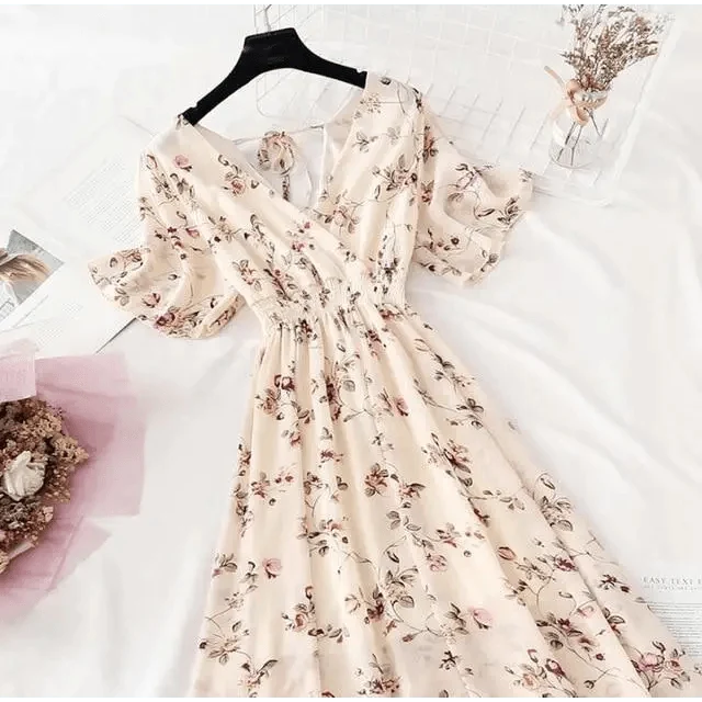 Summer Women Ruffled Short-sleeved Chiffon Dress V-neck High Waist Floral Print Beach Midi Dresses For Women
