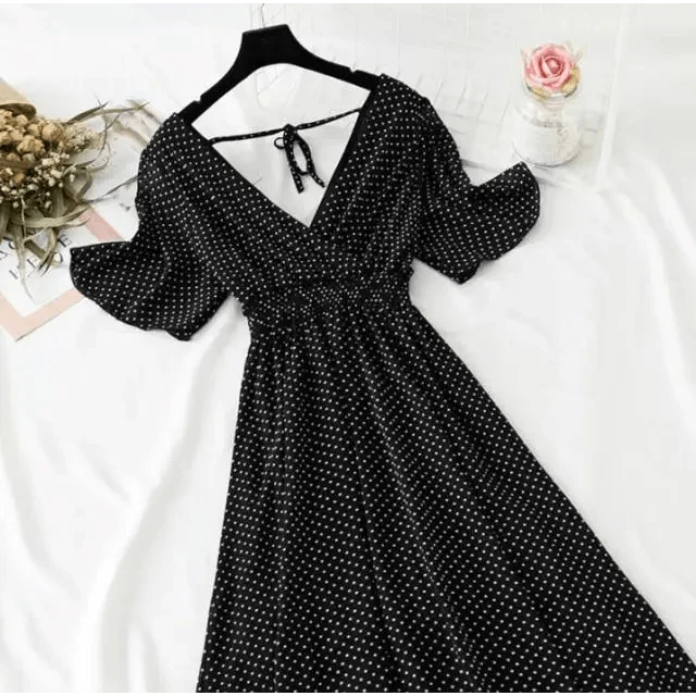 Summer Women Ruffled Short-sleeved Chiffon Dress V-neck High Waist Floral Print Beach Midi Dresses For Women