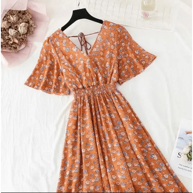 Summer Women Ruffled Short-sleeved Chiffon Dress V-neck High Waist Floral Print Beach Midi Dresses For Women