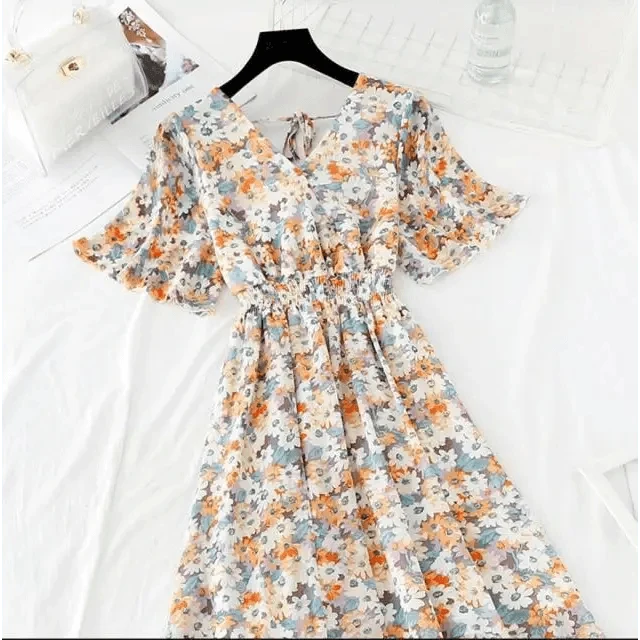Summer Women Ruffled Short-sleeved Chiffon Dress V-neck High Waist Floral Print Beach Midi Dresses For Women