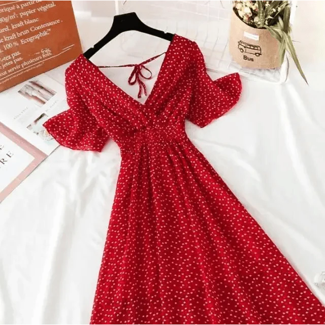 Summer Women Ruffled Short-sleeved Chiffon Dress V-neck High Waist Floral Print Beach Midi Dresses For Women
