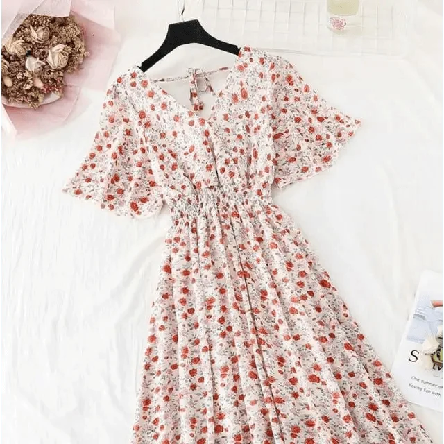 Summer Women Ruffled Short-sleeved Chiffon Dress V-neck High Waist Floral Print Beach Midi Dresses For Women