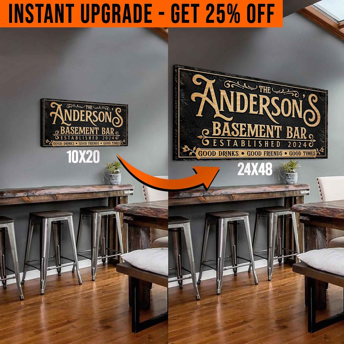 Upgrade Your 20x10 Inches 'Custom Basement Bar' (Style 1) Canvas To 48x24 Inches