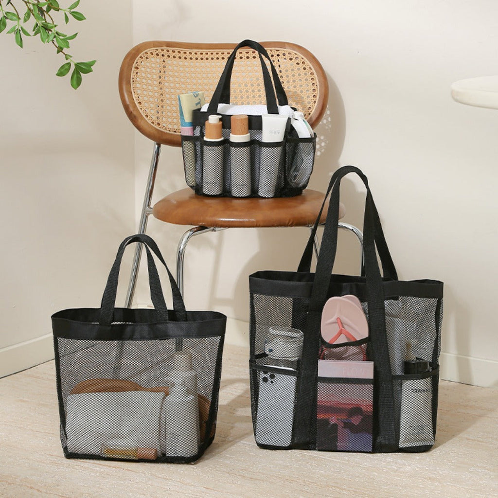 Mesh Shower Tote Bag, Portable Beach Bag, Summer Travel Large Capacity Portable Mesh Tote Bag, Foldable Wash and Makeup bag large