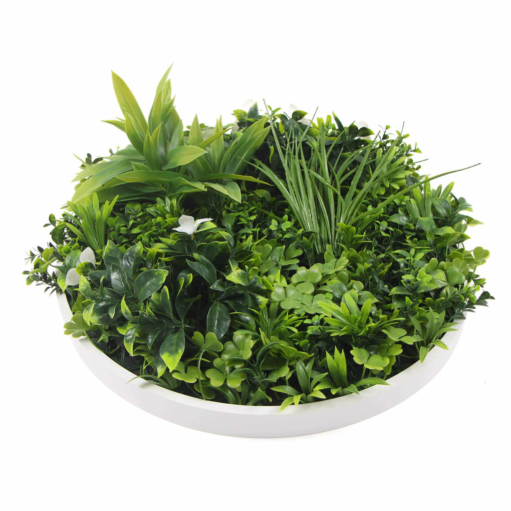 Slimline White Flowering Artificial Green Wall Disc 40in – White Frame – UV Resistant