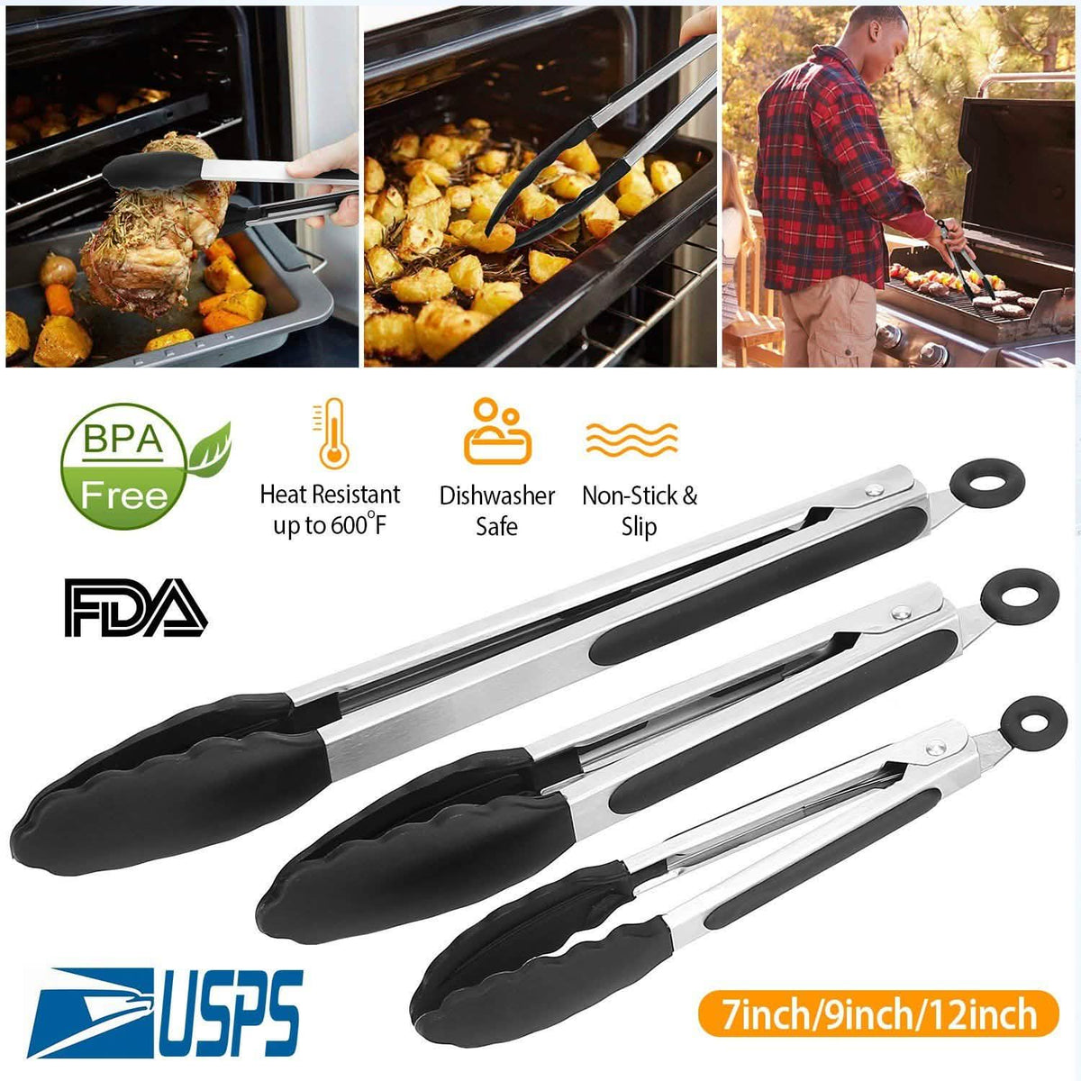 3-Pieces: Kitchen Tongs Stainless Steel with Silicon