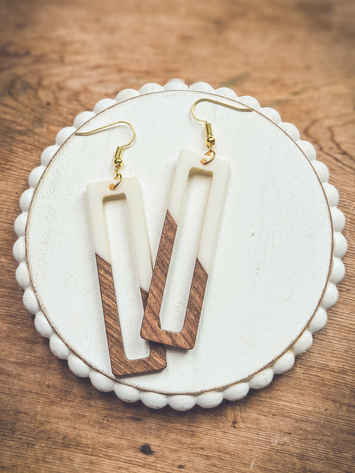 Rectangular White Resin and Wood Earrings