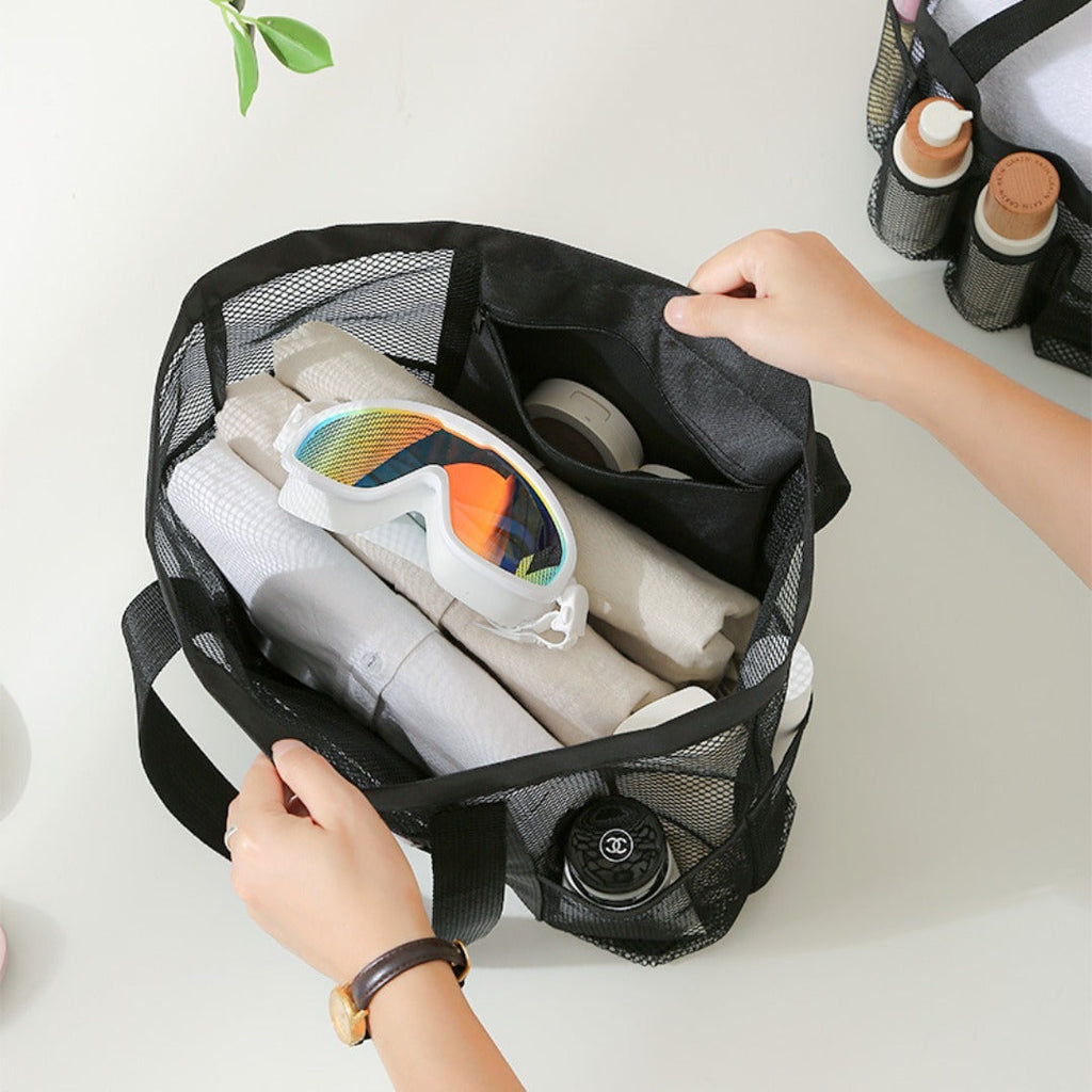 Mesh Shower Tote Bag, Portable Beach Bag, Summer Travel Large Capacity Portable Mesh Tote Bag, Foldable Wash and Makeup bag large