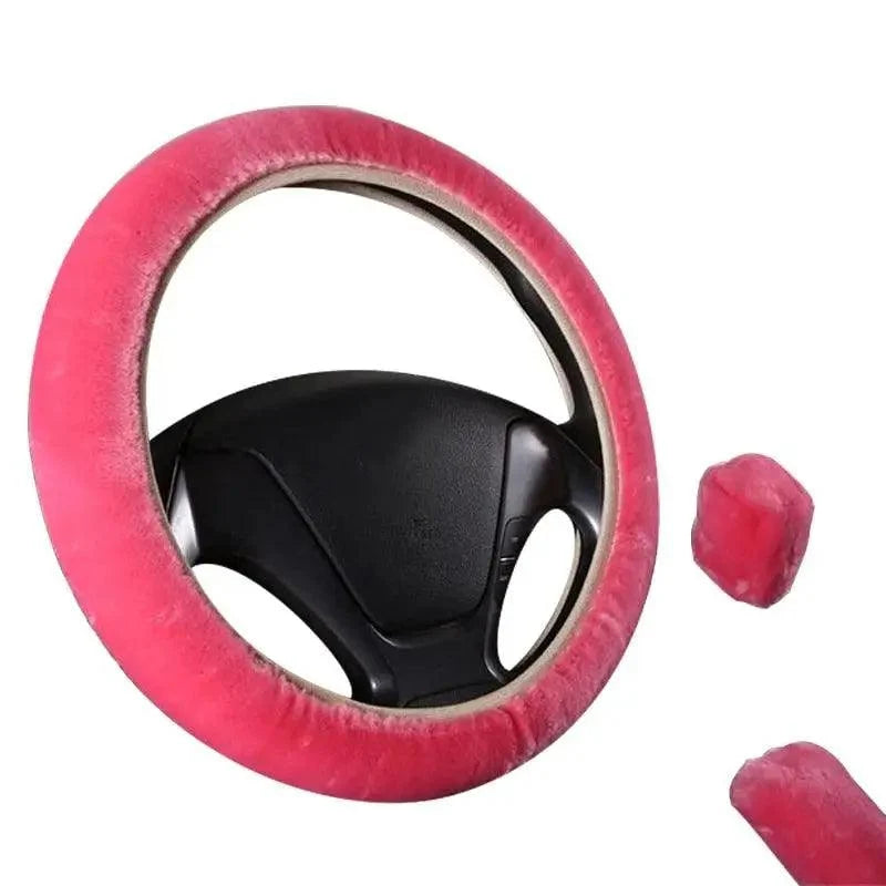 3Pcs Set Winter Fashion Wool Fur Soft Furry Car Steering Wheel Covers 16 Colors Winter Universal Hand Brake Gear Cover  Car Accessories