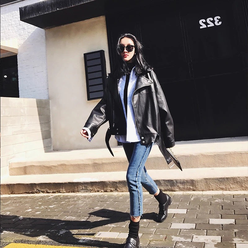 PU Faux Leather Jacket Women Loose Sashes Casual Biker Jackets Outwear Female Tops BF Style Black Leather Jacket Coat
