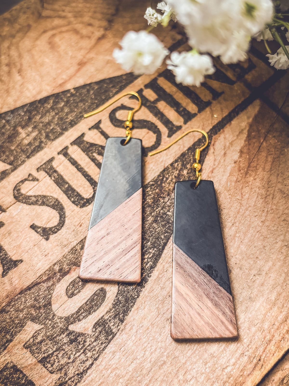 Beautiful Black Resin and Wood Earrings