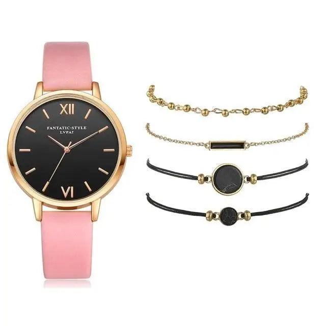 5Pcs Elegant Stylish Buckle Quartz Wrist Watch Set - Fashion Watches For Women and Girls