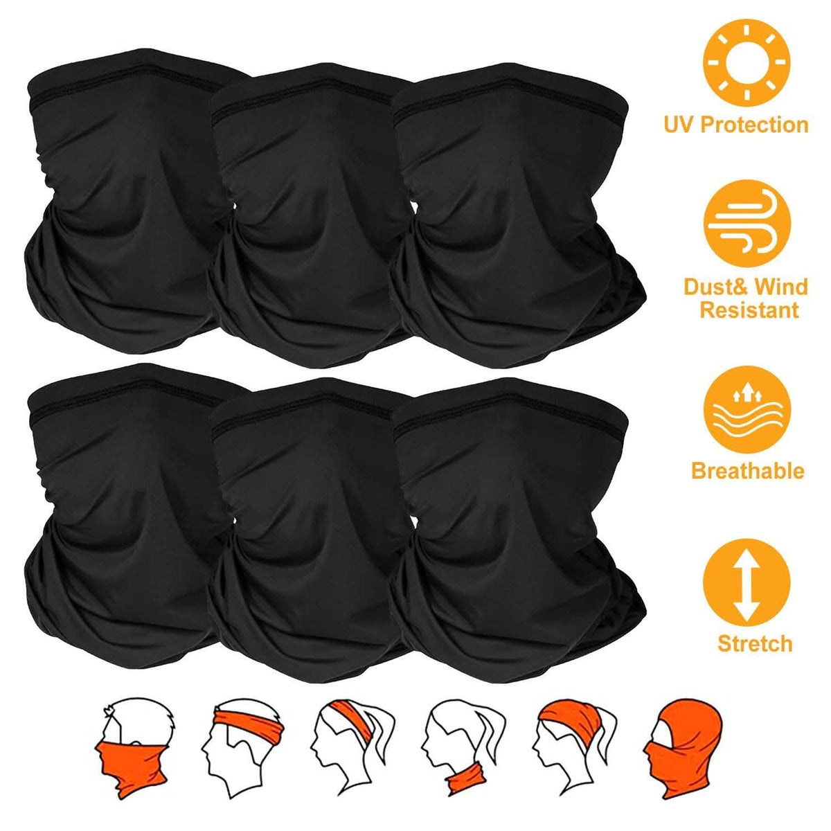 6-Pieces: Summer Neck Gaiter UV Sunscreen Protection Face Mask