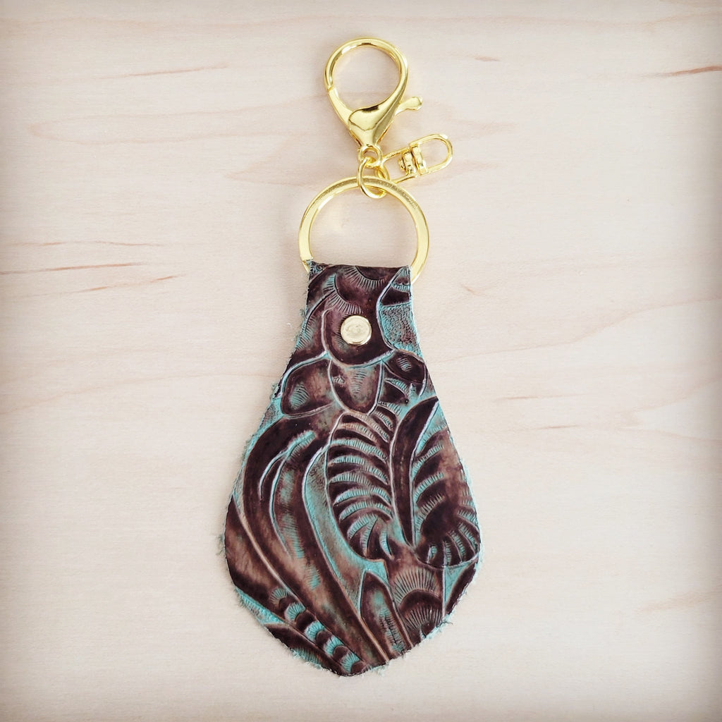 **Embossed Leather Key Chain - Turquoise Brown Floral 700u
