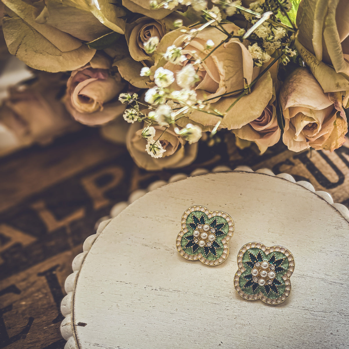 Beautiful Vintage Green and Pearl Stud Earrings