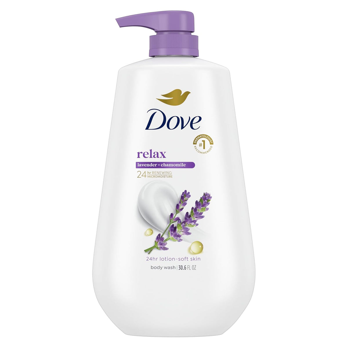 Dove Body Wash with Pump Relax Lavender Oil & Chamomile For 24hr Lotion-Soft Skin Moisturizing Skin Cleanser with No Sulfates No Parabens 30.6 Oz