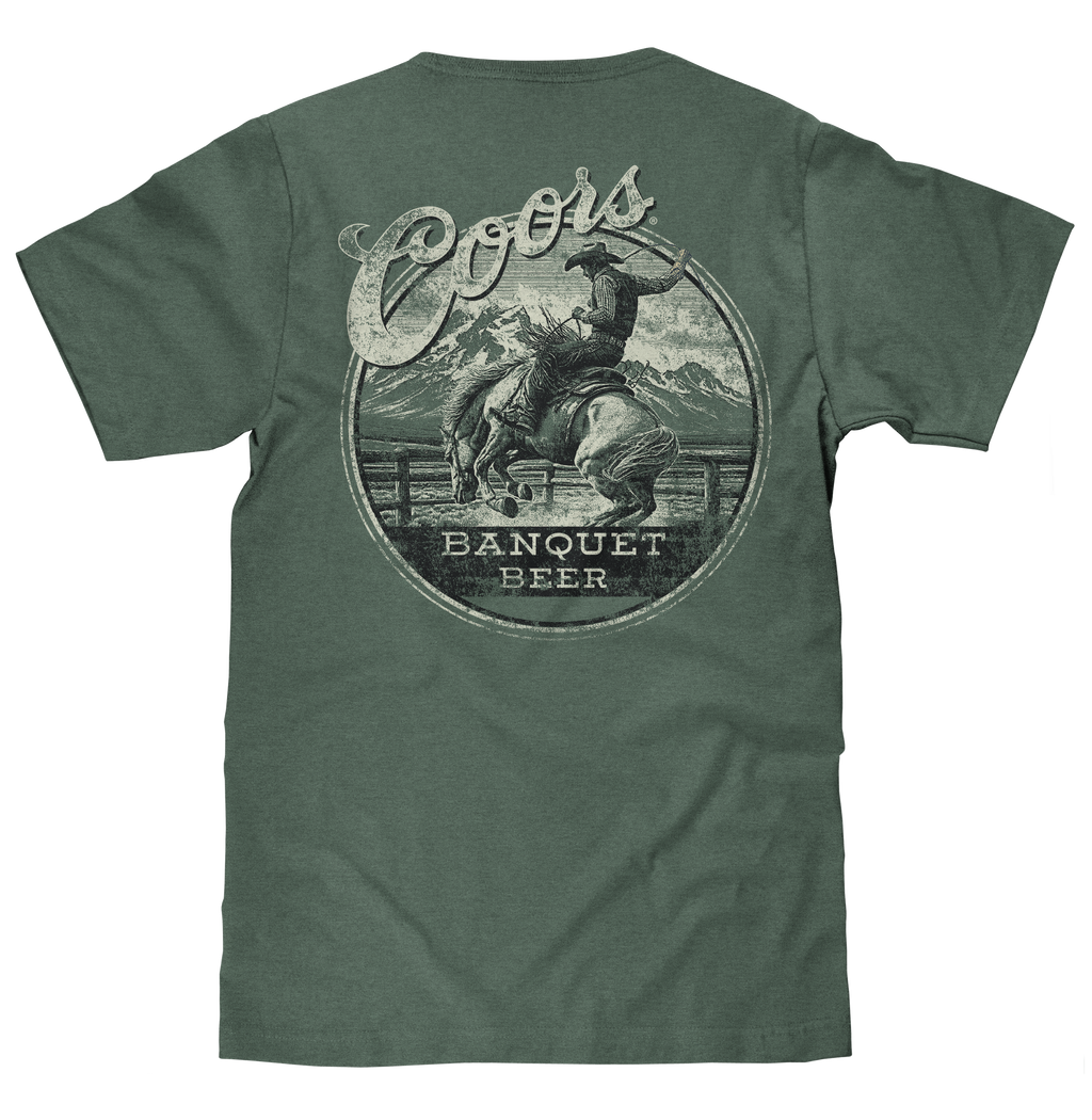 Coors Banquet Beer Rodeo Horse Front Pocket Tee T-Shirt - Cypress Green