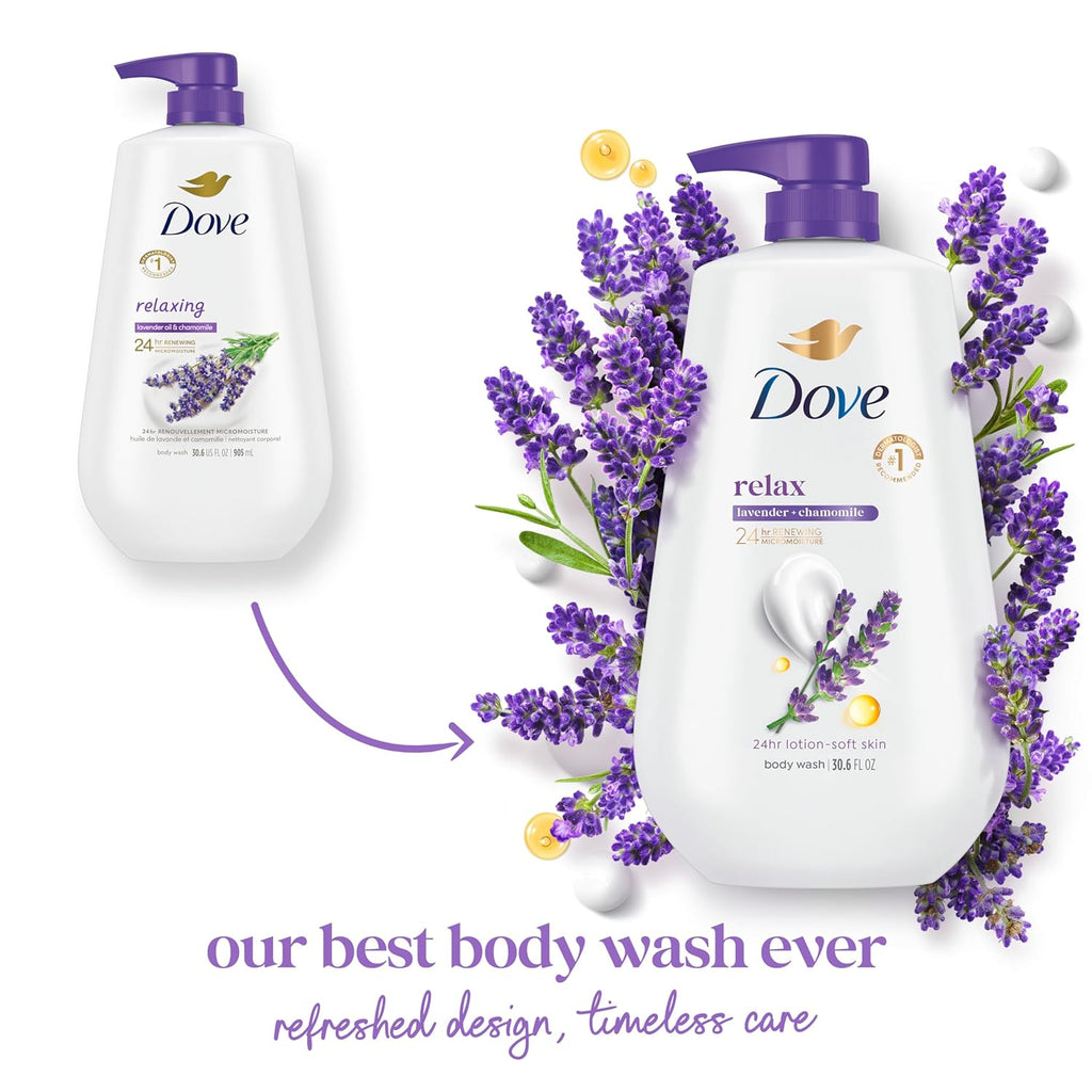 Dove Body Wash with Pump Relax Lavender Oil & Chamomile For 24hr Lotion-Soft Skin Moisturizing Skin Cleanser with No Sulfates No Parabens 30.6 Oz