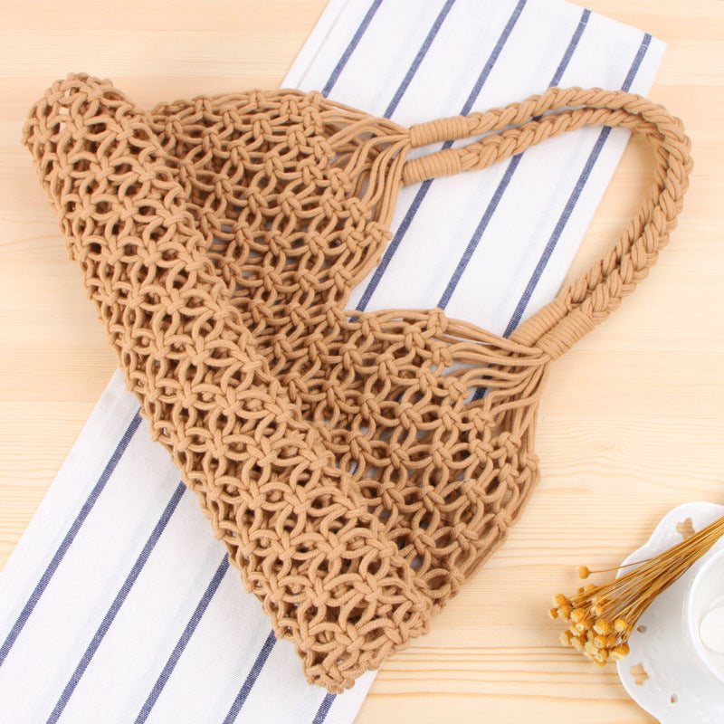 Solid Color One Shoulder Woven Bag Trendy Women Mori Straw Bag Degrees Handmade Cotton String Net Pocket Beach Bag
