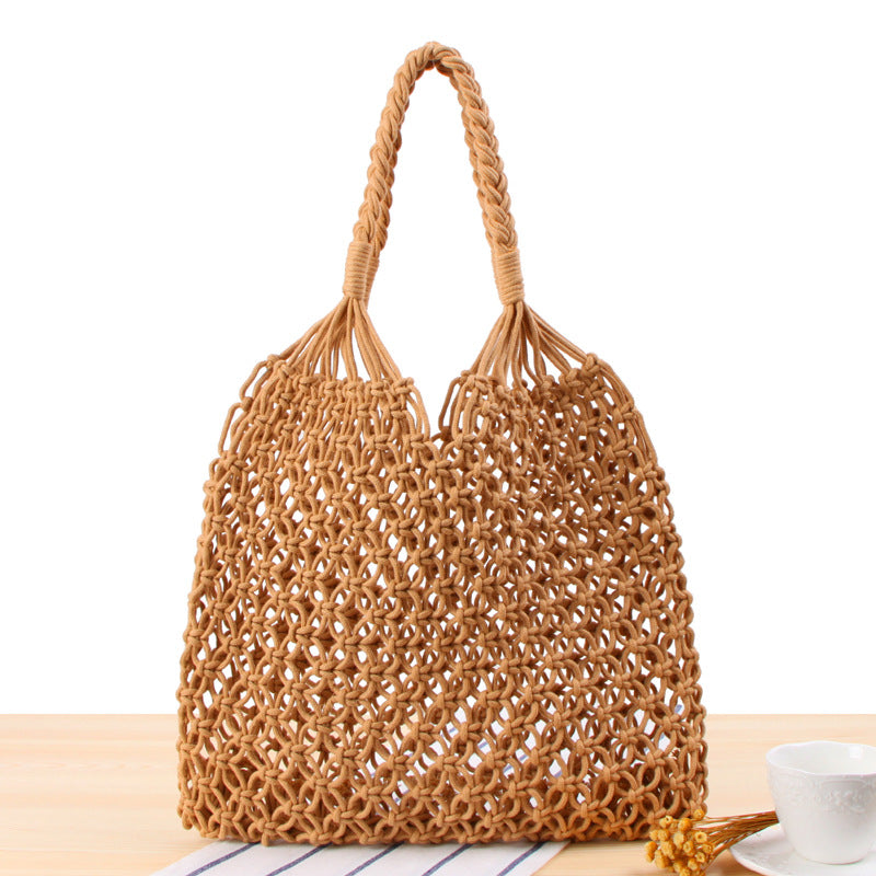 Solid Color One Shoulder Woven Bag Trendy Women Mori Straw Bag Degrees Handmade Cotton String Net Pocket Beach Bag