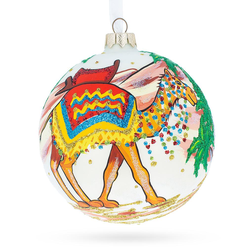 Festive Camel Glass Ball Christmas Ornament 4 Inches