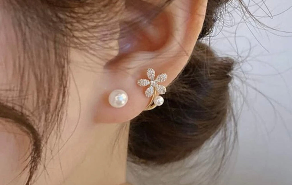 Beautiful Pearl and Crystal Flower Jacket Earrings