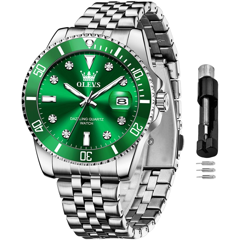 OLEVS Green Men Watch Silver Luxury Watches for Men Stainless Steel Large Dial Watches Date Waterproof Dress Casual Relojes para Hombres