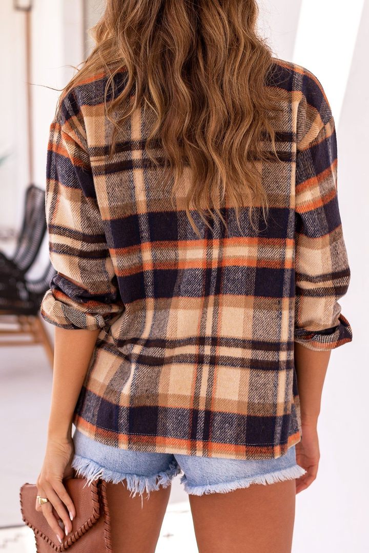 Autumn Long Sleeve Large Pocket Loose Women Plaid Shacket Mid Length Coat