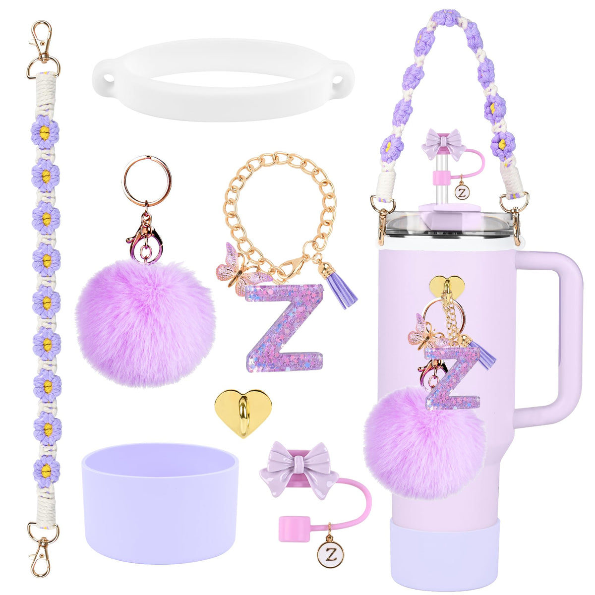 Stanley Cup Accessories Set 10mm Stanley Straw Topper Siliocne Stanley Cup Boot Water Bottle Handle Strap Stanley Letter Charms for Stanley Cup 40oz 30oz Tumbler (Z)