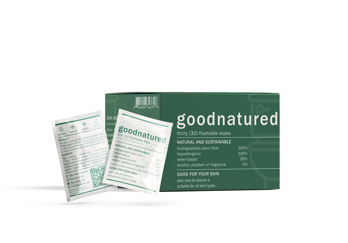 Goodnatured 30 Count Flushable Wipes with Aloe Vera and Vitamin E Unscented Hypoallergenic Biodegradable Non-Toxic Sustainable Eco-Friendly Alcohol-Free (30 Singles)