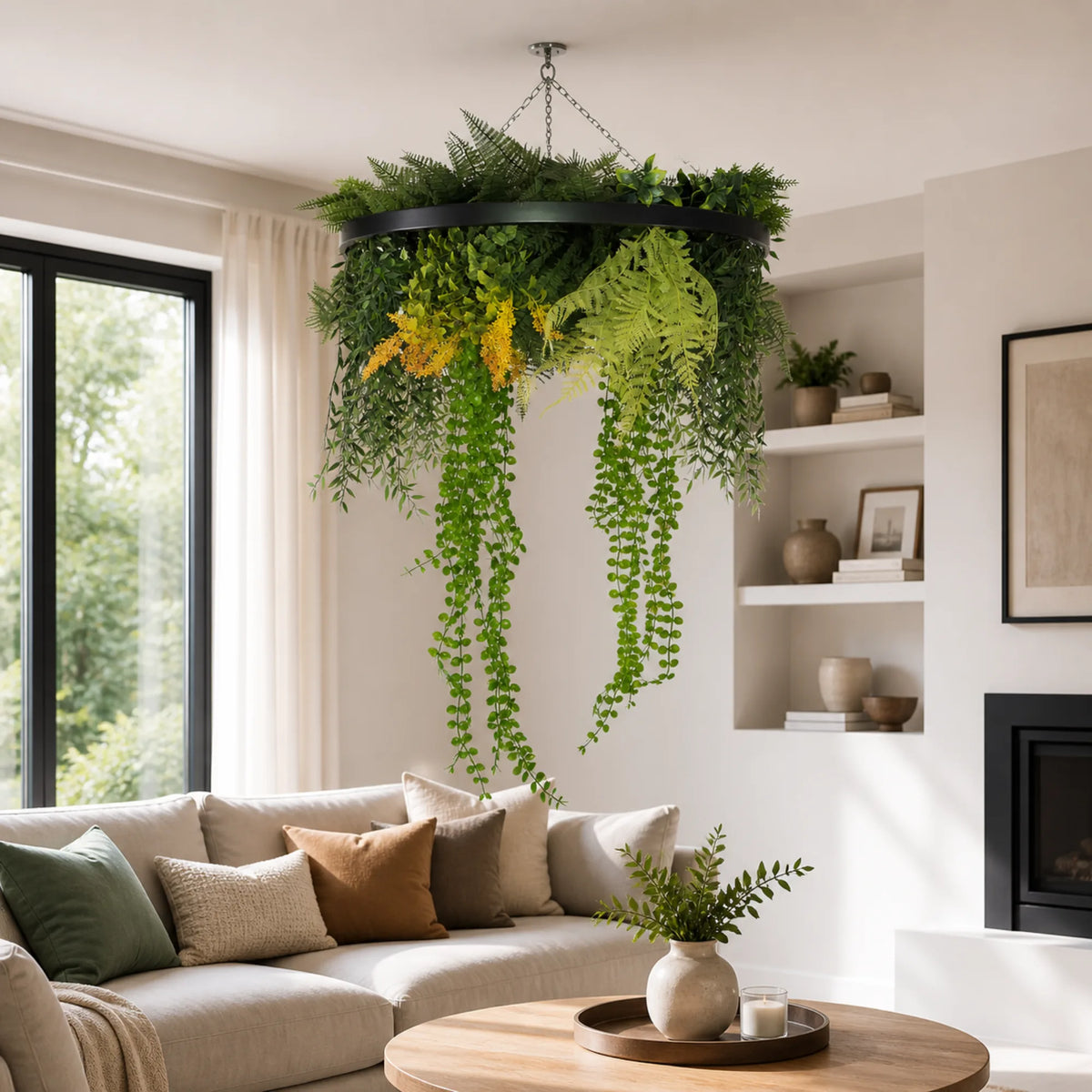 Draping Plant Arrangement Artificial Roof Hanging Disc 24in – Black Frame – UV Resistant