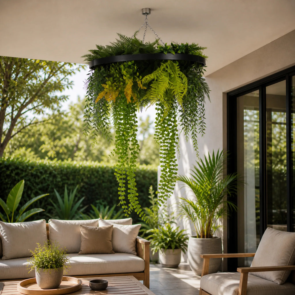Draping Plant Arrangement Artificial Roof Hanging Disc 24in – Black Frame – UV Resistant