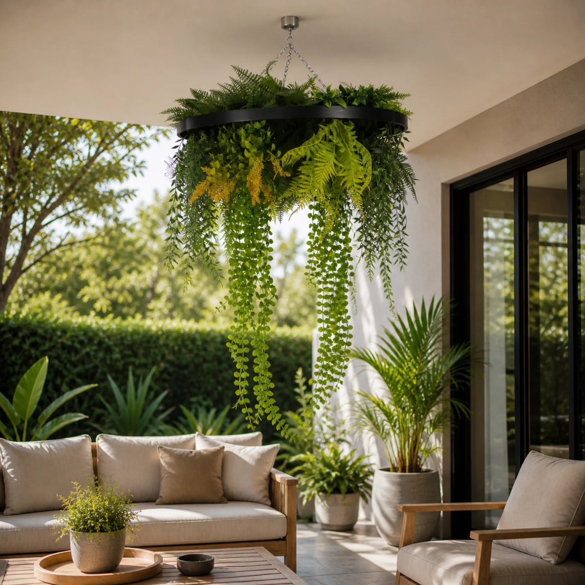 Draping Plant Arrangement Artificial Roof Hanging Disc 24in – Black Frame – UV Resistant